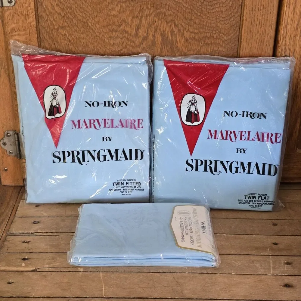 Vintage Marvelaire Springmaid Twin Light Blue Sheet Set Pillowcases No Iron USA